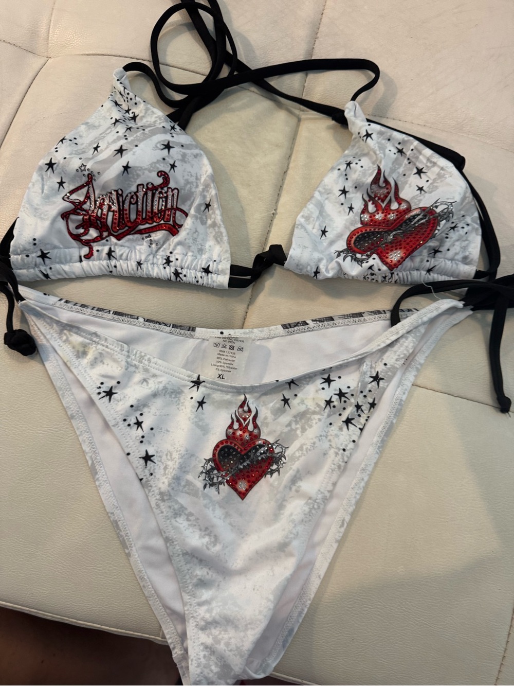 White Graphic Heart Triangle Bikini Set with Black Straps
